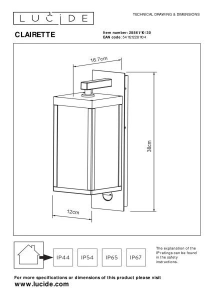 Lucide CLAIRETTE - Applique murale Intérieur/Extérieur - LED - 1x13W 3000K - IP54- Détecteur De Mouvement & Jour/Nuit (désactivable) - Anthracite - technique